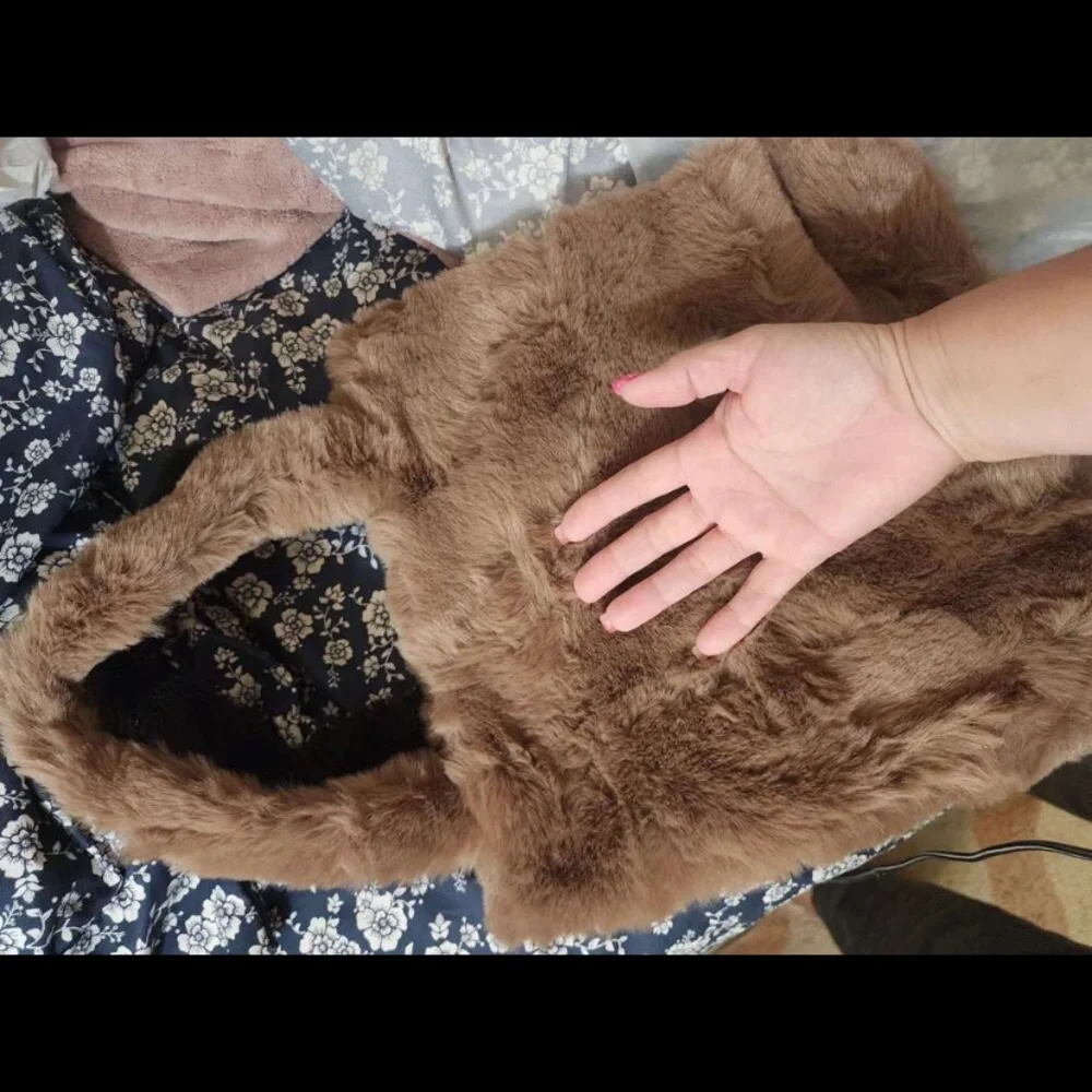 Furry Embroidery Coffee Brown cute Shoulder Tote Bag High-capacity,
